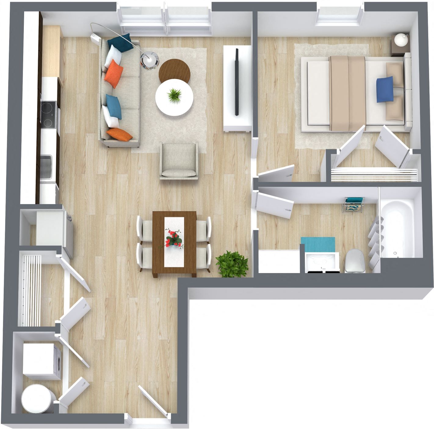 Floor plan for 1 bed, 1 bath, 734 sqft